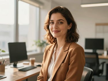 Candid portrait of a professional woman in her 30s in a bright, modern workspace, soft window light