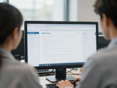 Over-the-shoulder perspective of an admissions officer reviewing a clean data dashboard on a monitor, soft natural daylight, cool muted tones.