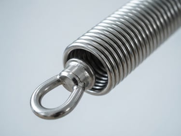 Macro close-up of a sleek, heavy-duty metallic Pilates spring under bright studio light, highlighting the polished steel coils and precise attachment ring, clean minimalist background.