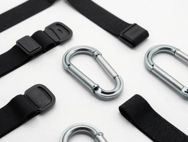 Macro shot of heavy-duty steel carabiners and premium double-loop straps on a clean white surface, 50mm