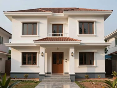 Exterior front elevation of a completed two-storey individual home in Chennai, diffused afternoon light, clean plastered facade, tiled entrance step, narrow front yard visible