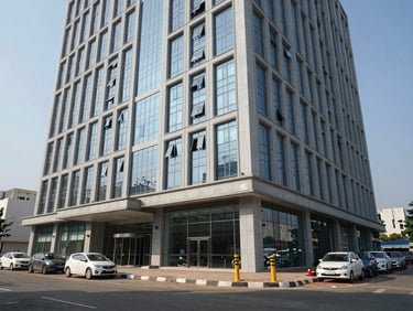 Wide environmental shot of a completed commercial building exterior in Chennai — glass-and-concrete facade, recessed ground-floor entrance, parked cars at kerb, clear midday light, no people