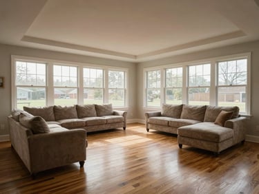 Wide interior shot of a completed living room — hardwood flooring, recessed ceiling detail, modular furniture, north-facing diffused natural daylight through full-height windows, no people