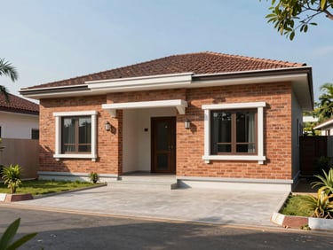 Wide environmental shot of a completed residential home exterior in Chennai — rendered brick facade, recessed entrance doorway, clean driveway, under clear midday natural light, no people