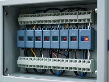 Close-up of a custom-engineered PLC control panel interior, clean organized wiring, terminal blocks, indicator lights