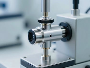 Macro shot of an analytical gas analyzer sensor head, industrial laboratory environment, bright cool daylight