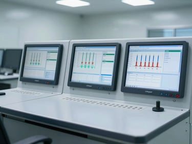 A clean control room with active SCADA screens showing process graphics, cool-toned daylight, high detail, sharp focus