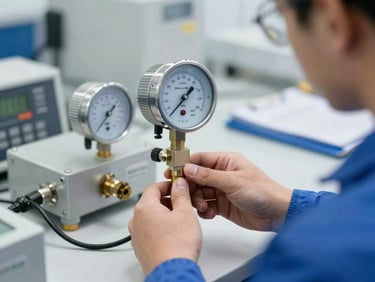 A certified technician in clean high-vis gear calibrating a pressure transmitter with precise testing equipment, bright industrial indoor lighting