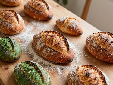 Rustic wooden table laden with freshly baked sourdough loaves and pastries, flour dusting the surface, natural light, editorial framing.