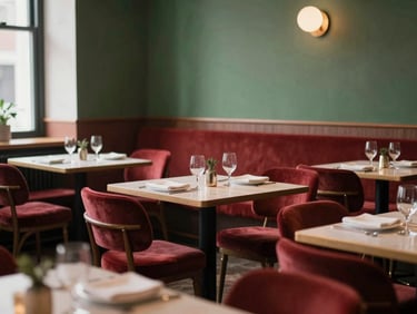Elegant interior of a Scandinavian-style artisan restaurant, warm lighting, empty tables, ready for service, soft daylight.