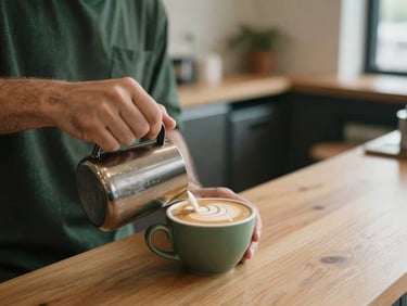Barista's hands pouring latte art into a ceramic cup, soft morning light, minimalist coffee shop interior, shallow depth of field.