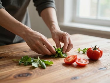 Professional food photography shoot, hands arranging ingredients on a rustic table under soft window light