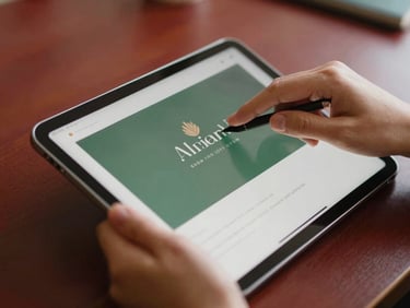 Hands editing social media content on a tablet, displaying elegant branding elements, shallow depth of field