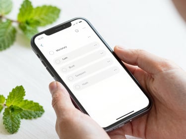 Close-up of hands interacting with a clean mobile interface showing a simple survey, bright natural daylight, fresh mint leaves nearby.