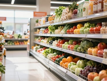 A bright, modern supermarket aisle with clean shelves filled with colorful fresh produce, soft morning light streaming in.