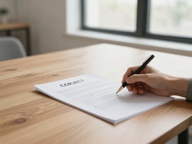 Hands reviewing real estate contract on a wooden table, soft lighting
