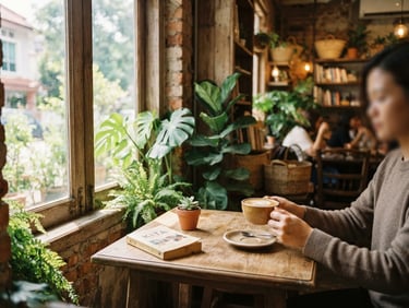 Warm editorial photography of a cozy café corner in Taman Keramat, soft natural window light streaming onto wooden tables and green plants, shallow depth of field