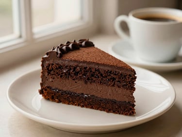 A slice of decadent chocolate cake beside a small cup of espresso on a cream-colored ceramic plate