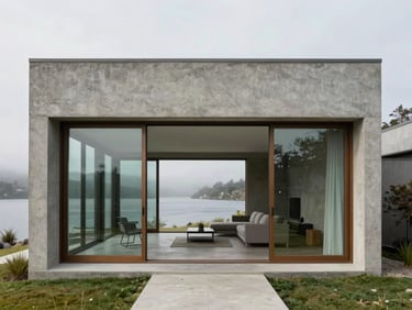 Straight-on architectural elevation of a modern concrete house in southern Chile overlooking a misty lake, giant spans of sliding glass doors with matte bronze aluminum frames, overcast natural daylight