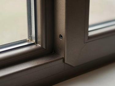 Extreme macro detail shot of a flush-mounted window corner joint, dark bronze textured matte aluminum profile, perfect alignment, soft natural side lighting.
