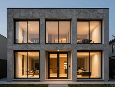 Straight-on elevation shot of a modern concrete house facade at twilight, warm interior lights glowing through massive matte black framed windows, clean architectural lines