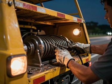 Close-up of a tow truck operator's gloved hands adjusting a steel winch cable on the back of a yellow tow truck, tungsten work lights casting warm orange on worn metal equipment, dark road and night sky visible in the background, São Paulo highway environment