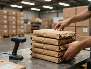 Wide shot of a packing station in a fulfillment warehouse, hands sorting a stack of kraft paper mailers beside a barcode scanner, overhead industrial lighting, pallet of mailer cartons visible in background, warm brown tones against concrete floor