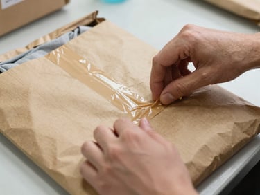 Hands sealing a kraft paper mailer at a packing station, folded apparel item visible inside the open mailer, adhesive strip being pressed down, studio overhead lighting, tight framing on hands and mailer