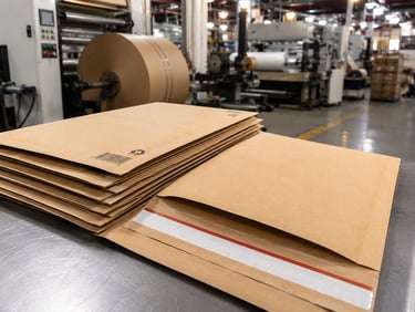 Close-up detail of a standard kraft paper mailer flap showing natural kraft paper texture and self-s