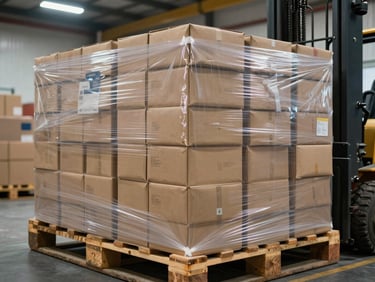 Wide shot of stacked kraft paper mailer cartons on a warehouse pallet, shrink-wrapped and ready for export, forklift tine visible at frame edge, cool overhead industrial lighting, shallow depth of field