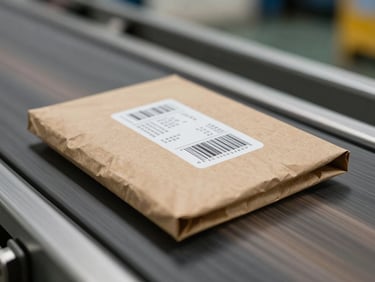 Extreme close-up of a kraft paper mailer moving along a warehouse conveyor belt, barcode label visible on the surface, overhead industrial lighting, motion blur on the belt, sharp focus on the mailer