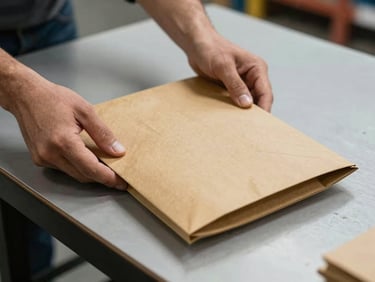 Hands holding a flat kraft mailing envelope on a warehouse sorting table, rigid board backing visible at the open edge, overhead industrial lighting, documentary framing