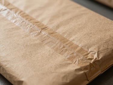 Extreme close-up of a self-seal kraft paper mailer on a packing bench, adhesive strip exposed and ready to seal, natural overhead light, warm brown paper texture visible