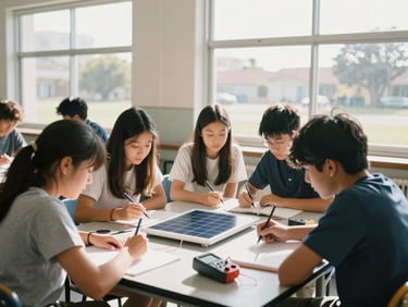 A bright California high school classroom, students working in small groups around a table with a small solar panel and multi-meter, natural sunlight streaming through large windows, 35mm photography.