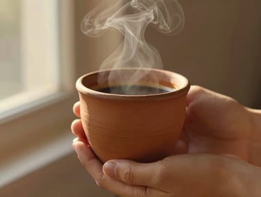 Macro photography of hands holding a warm rustic clay cup, subtle steam rising, soft golden-hour window light, terracotta tones, 35mm