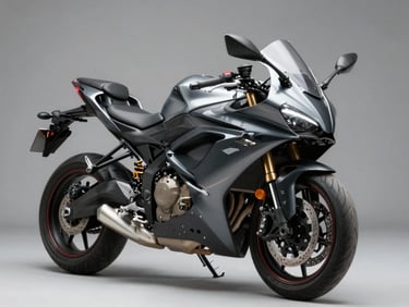 45-degree quartering studio shot of a 250cc quarter-fairing sport motorcycle, neutral grey background, key light from upper right revealing instrument pod and front brake caliper