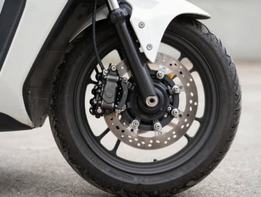 Close-up 45-degree shot of a scooter front disc brake caliper and wheel assembly on a studio surface under neutral daylight, revealing rotor diameter markings and brake line routing, no rider