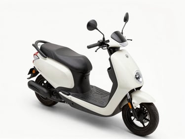 Overhead studio shot of a 110cc automatic scooter, neutral white surface, even daylight, full scooter from above showing storage compartment and seat