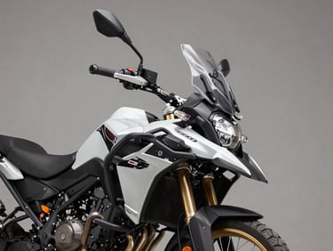 45-degree quartering studio shot of a 200cc adventure-commuter motorcycle, neutral grey background, studio key light revealing front fork and headlight cluster detail