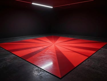Digital installation in a dark gallery space, a large reflective floor panel catching projected crimson geometry, overhead shot, ambient light from a single LED strip at low color temperature, no people visible