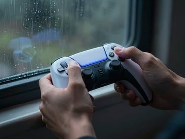 Hands gripping a game controller in a dark room, screen glow casting blue-white light across knuckles, shallow depth of field, rain streaks visible on a window behind, cinematic low-angle side-lit composition