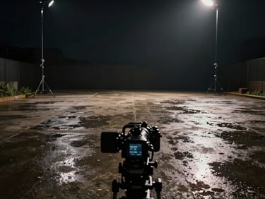 Empty cinematic film set at night, practical tungsten lighting raking across a rain-soaked concrete floor, camera dolly in foreground, deep shadows framing the scene, symmetrical wide shot with low horizon