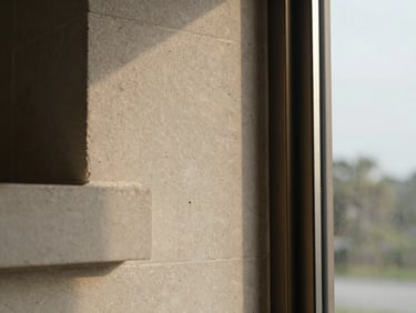 Macro architectural detail of structured limestone and dark bronze window frame, soft overcast Lowcountry morning light, minimalist composition.