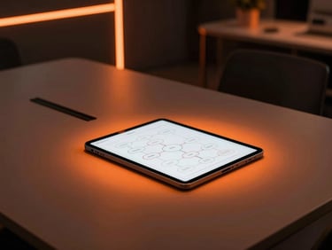 Minimalist meeting room table with a tablet showing AI workflow diagrams, warm orange backlight, 35mm