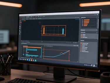 Redesign concept split-screen on a monitor, sharp interface lines, high-tech workspace, 35mm