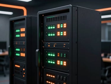 Secure server dashboard with glowing green and orange status lights, dark high-tech environment, 35mm