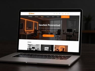 Sleek corporate homepage on a laptop screen, glowing orange interface elements, dark background, 35mm