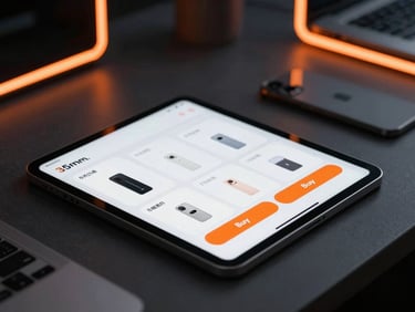 Modern online store catalog on a tablet, vibrant orange buy buttons, moody low-key lighting, 35mm