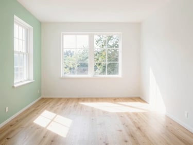 Symmetrical composition of a bright, empty living space with clean wooden floors and sunlit windows, high-key interior photography, 35mm