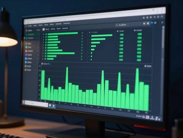 Extreme close-up of a live Google Ads dashboard on a widescreen monitor, neon-cyan data lines and bar charts visible, deep navy background, cool desk lamp light from the left, no people, operator-grade precision
